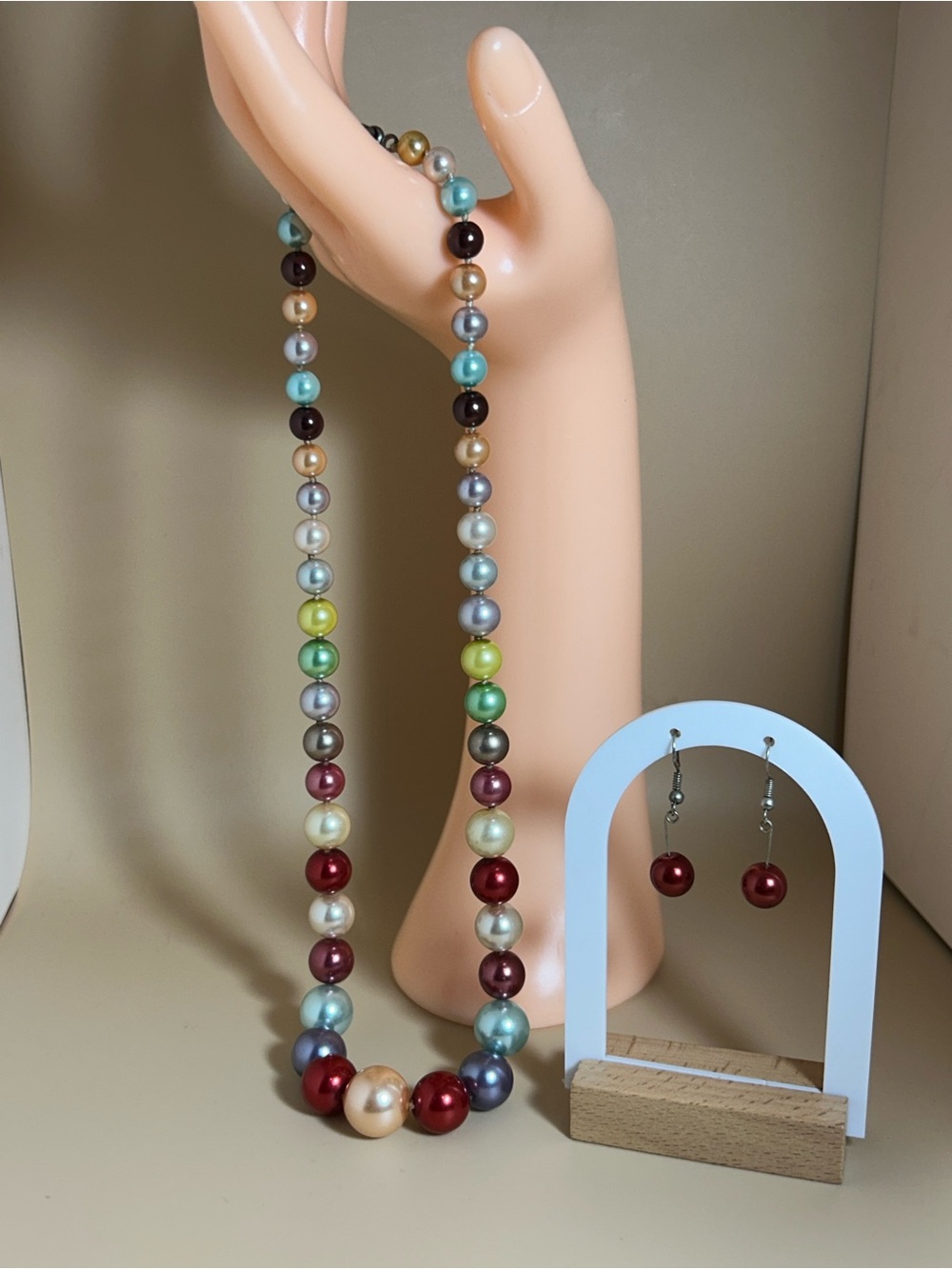 Vintage Heavy Multi Colored Bead, (Pearl Like) Necklace With Earrings Set
